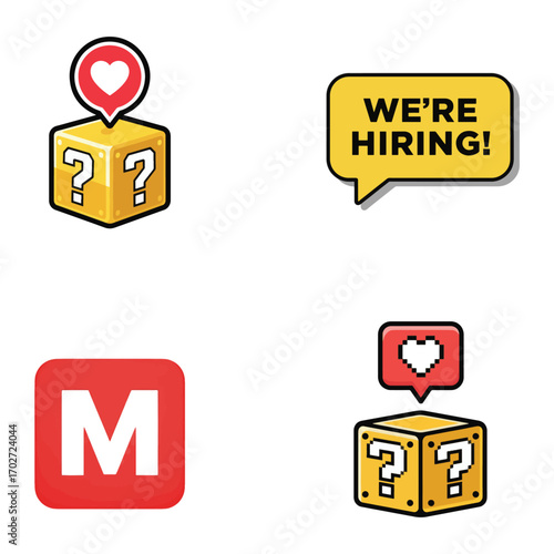 Set of cartoon icons hiring message social media like and mystery boxes