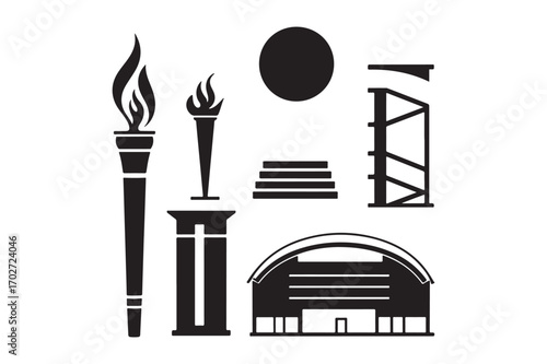Olympic torch and stadium silhouette icons for sports and events