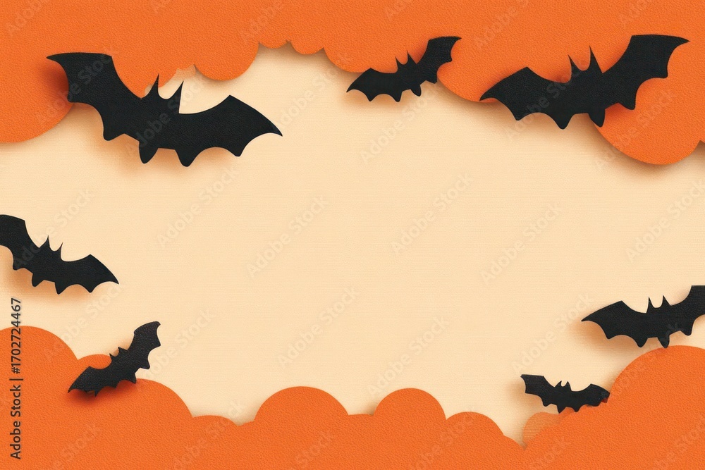 Fototapeta premium Modern smartphone with blank screen surrounded by pumpkins and flying bats on an orange background for halloween