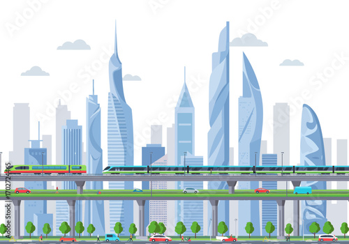 Futuristic Cityscape with Modern Transport System.