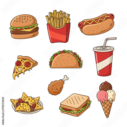 Set of  fast food icons in hand drawn doodle style. Vector illustration with burger, fries, hot dog, pizza slice, taco, soda cup, fried chicken, nachos, sandwich, ice cream cone