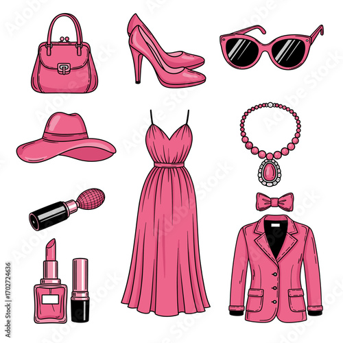 Set of  fashion icons in hand drawn pink and black doodle style. Vector illustration with handbag, shoes, sunglasses, hat, necklace, dress, perfume, lipstick, jacket, bow tie.