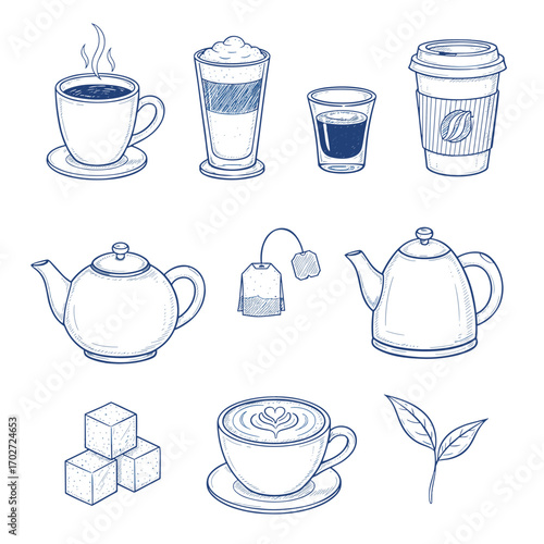 Set of  drink icons in hand drawn doodle style. Vector illustration with coffee mug, latte cup, espresso, takeaway cup, tea pot, tea bag, kettle, sugar cube, cappuccino, leaf.