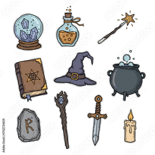 Set of  fantasy icons in hand drawn doodle style. Vector illustration with crystal ball, potion bottle, magic wand, spell book, witch hat, cauldron, rune stone, wizard staff, enchanted sword, candle