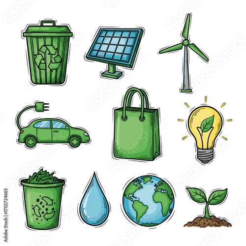 Set of  eco icons in hand drawn green doodle style. Vector illustration with recycling bin, solar panel, wind turbine, electric car, reusable bag, light bulb, compost bin, water drop, earth, plant spr