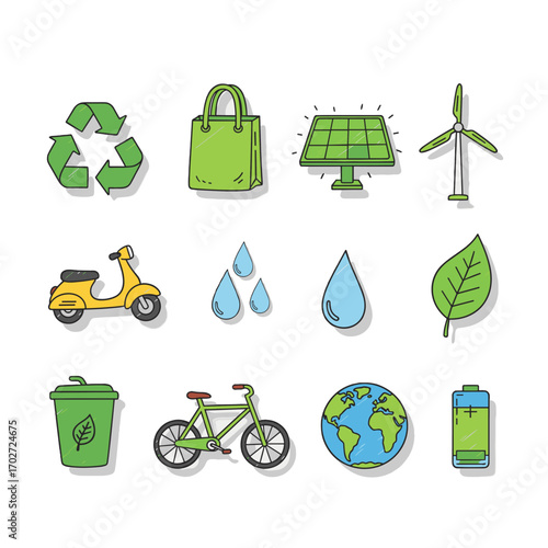 Set of  eco icons in hand drawn green doodle style. Vector illustration with recycle symbol, reusable bag, solar panel, wind turbine, leaf, water drop, compost bin, bicycle, earth globe, battery