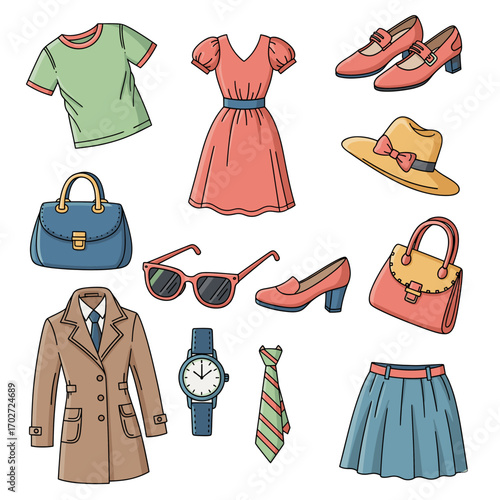 Set of  fashion icons in hand drawn doodle style. Vector illustration with t-shirt, dress, shoes, handbag, hat, sunglasses, watch, tie, coat, skirt
