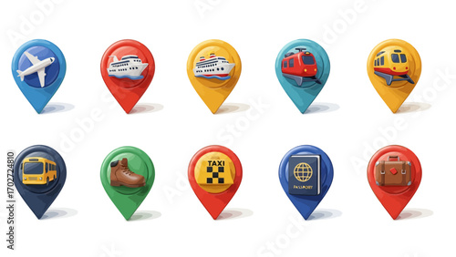 Colorful Travel Transportation 3D Icons: Airplane, Cruise, Train, Bus, Taxi, Passport, Luggage, and Hiking Boot Location Pointers