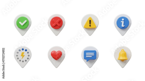 Collection of 3D icon pointers representing various notification types: success, error, warning, information, charge, love, message, and bell Free Download Collection of 3D icon pointers representing various notification types: success, error, warning, information, charge, love, message, and bell - GFXLoad