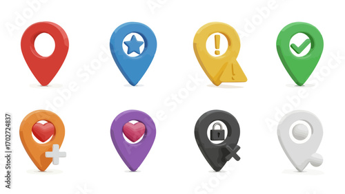 Set of Colorful 3D Location Pin Icons with Star, Heart, Checkmark, Warning, Lock, plus and Blank sign on White Background