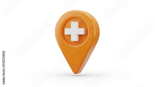 Orange 3d icon of a medical location pin with a cross symbol on a white background.