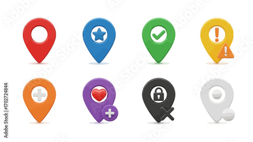 Location pin 3D icon set. Colorful map pointers with different symbols. GPS markers.