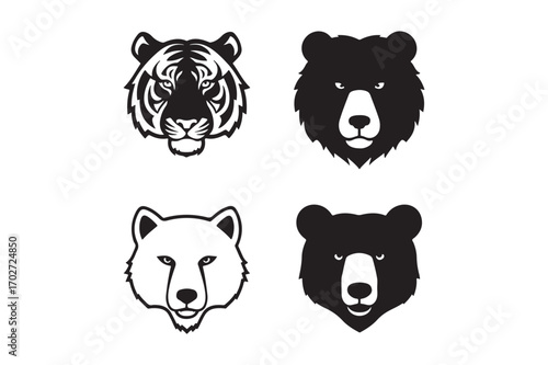 Four stylized animal head illustrations tiger bear wolf
