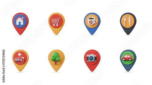 Location 3D icon set: Navigation pins with home, shop, coffee, restaurant, tree, camera, hospital, car for map and app design