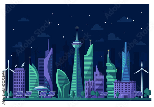 Futuristic Cityscape at Night with Tall Buildings.