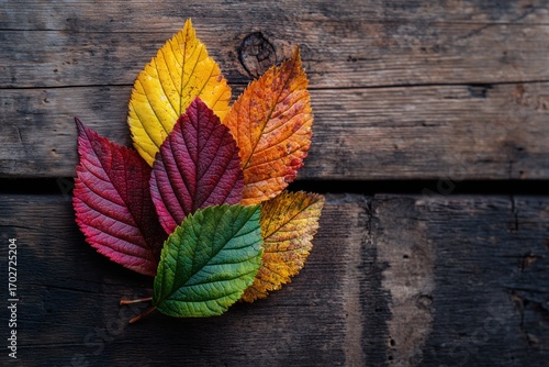 Vibrant autumn leaves arranged on rustic wooden surface