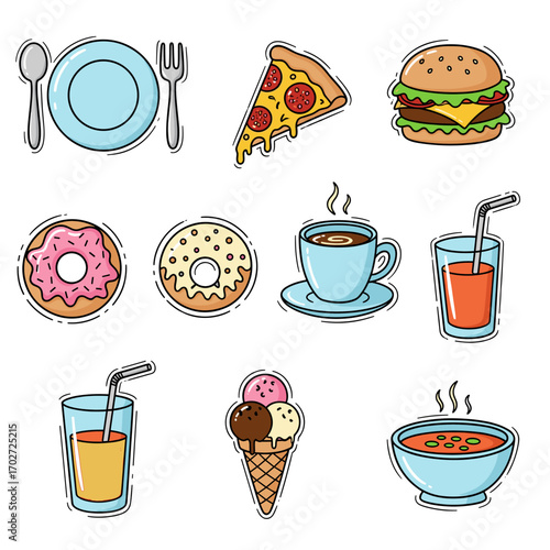 Set of  food and drink icons in hand drawn doodle style. Vector illustration with plate, spoon, fork, pizza slice, burger, donut, cup of coffee, glass of juice, ice cream, bowl of soup