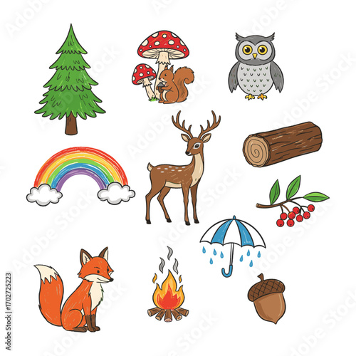Set of  forest icons in hand drawn doodle style. Vector illustration with pine tree, mushroom, squirrel, owl, log, berries, deer, campfire, fox, acorn