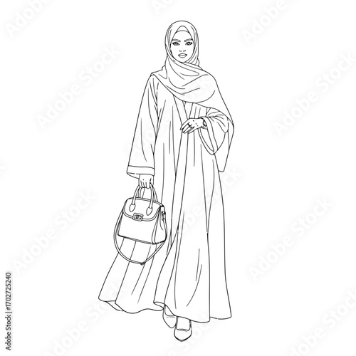 Woman wearing hijab and abaya holds bag in city