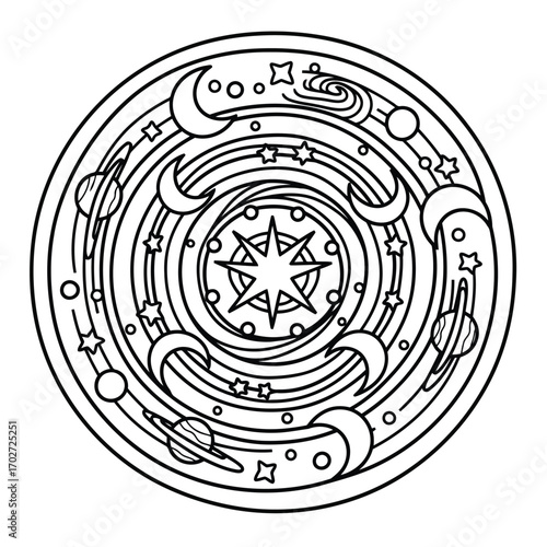 An intricate circular illustration of celestial bodies, stars, and planets in a stylized, dreamlike astronomical scene