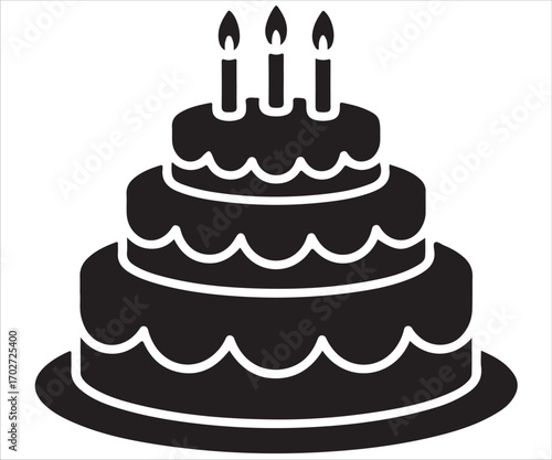 Black silhouette of birthday cake with candles isolated on white background, simple celebration illustration symbolizing party, anniversary, dessert, festive event, holiday, and sweet food design