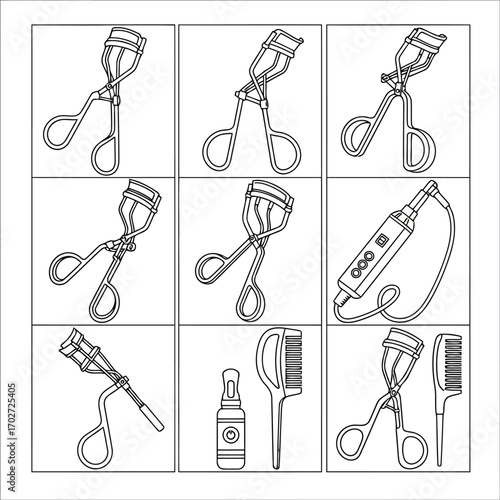 A collection of nine illustrations showcasing various beauty tools and accessories neatly arranged.