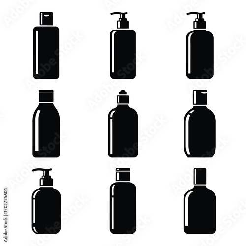 Black silhouettes of various cosmetic bottles and dispensers are arranged.