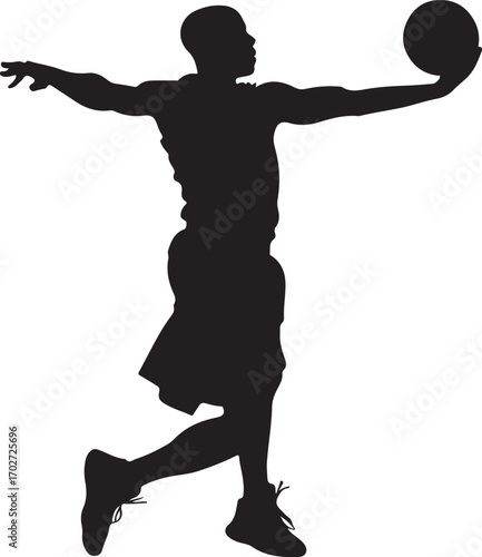 Black silhouette of a male basketball player jumping with a ball white background