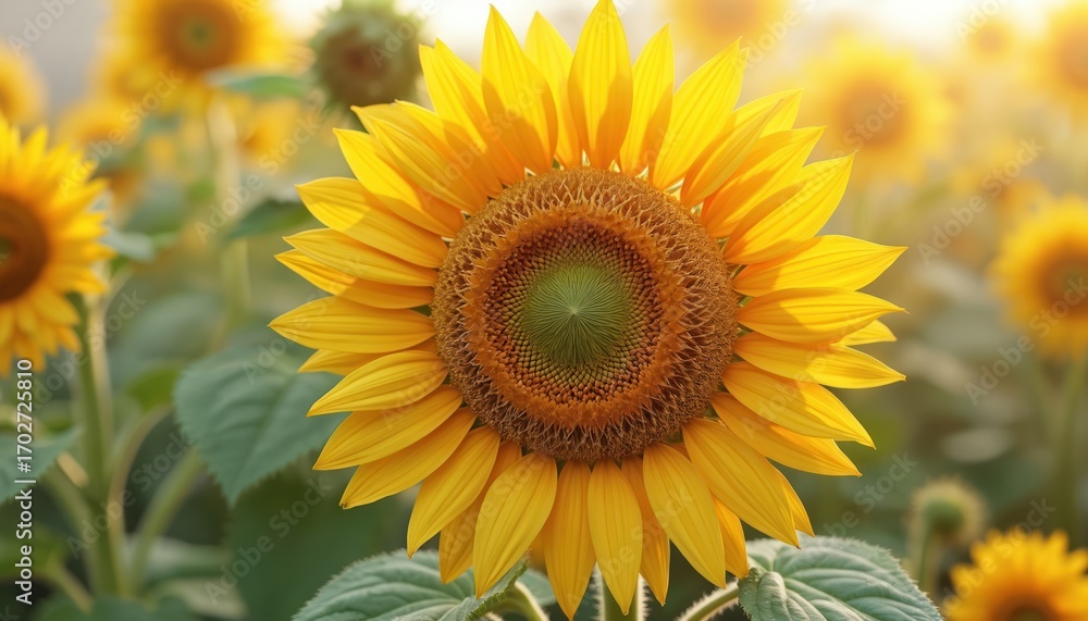 Obraz premium Bright yellow sunflower with sturdy stem and thick petals. Blooming floral plant with green leaves, realistic 3D illustration. Summer garden scene with blurred background, bee nearby.