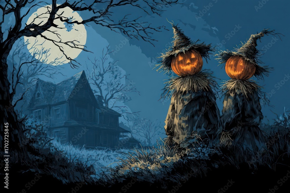 Fototapeta premium Spooky carved halloween pumpkins glowing with eerie light on a stone pathway in front of an old haunted mansion at night