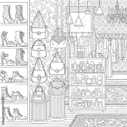 Fashion store interior with shoes and handbags on display indoors