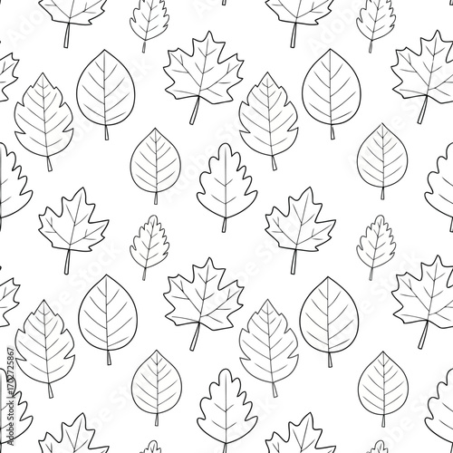 A seamless pattern of various leaves, including oak, maple, and elm, arranged randomly on a white background, showcasing their unique shapes and veins.