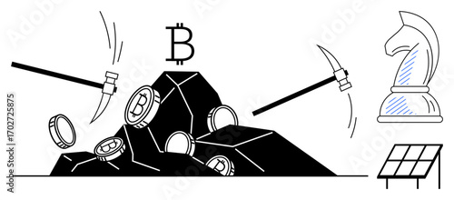 Mining tools extracting cryptocurrency coins from rock, Bitcoin symbol, knight chess piece, and solar panel. Ideal for cryptocurrency, mining, strategy, energy, technology innovation renewable