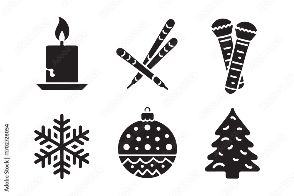 Naklejka premium Set of six black christmas and holiday icons on white background
