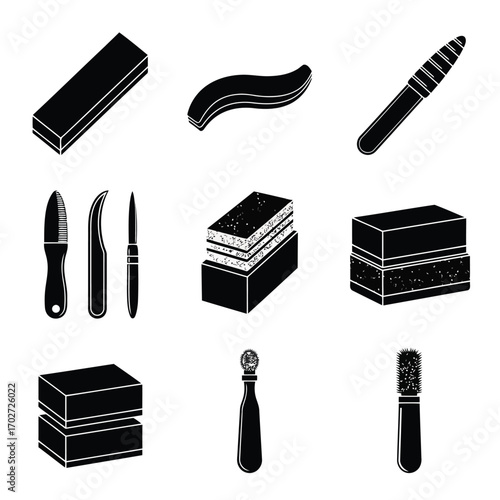 Nail care tools and supplies are neatly arranged on a table.