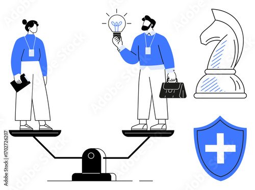 Professional man and woman stand on scales balancing new ideas, strategy, and safety. Ideal for equality, collaboration, innovation, teamwork, leadership strategy and security concepts. Flat simple