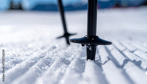Ski Pole Tips Macro on Sparkling Snow Surface. Winter concept. Generated Image.