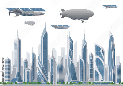 Futuristic Cityscape with Flying Vehicles.