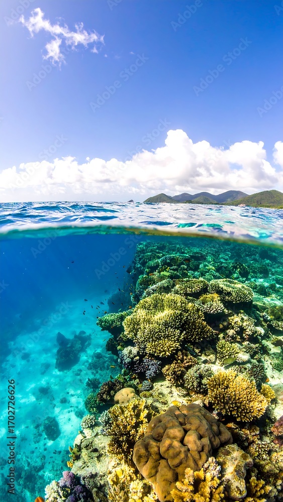 Naklejka premium Underwater coral reef scene with clear blue water and sunlight