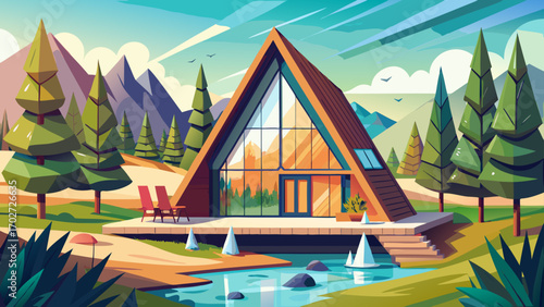 Contemporary A-frame cabin with sharp angles, glass front, and cedar siding, positioned beside a riverbank, harmonizing modern aesthetics with wilderness serenity.