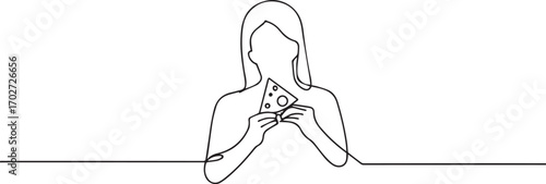 Woman eating pizza one continuous line art, One line art, Vector illustration