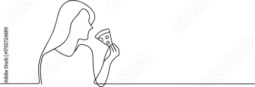 Woman eating pizza one continuous line art, One line art, Vector illustration