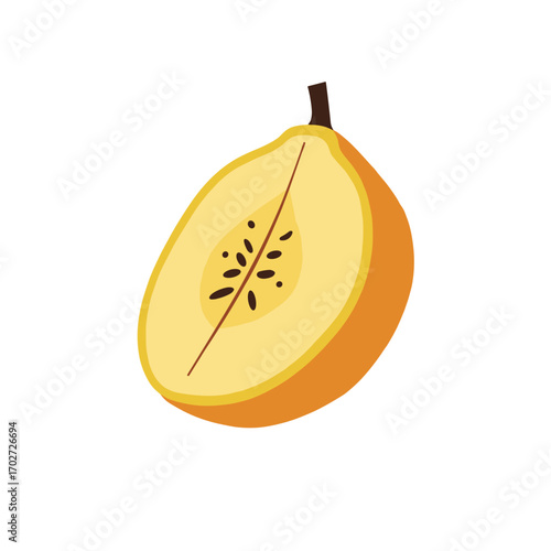 Sliced orange fruit with seeds and yellow flesh on white background  