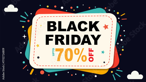 Black Friday Sale Banner, Modern Flat Illustration on Black Background, Shopping Promotion Design Template