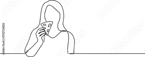 Woman eating pizza one continuous line art, One line art, Vector illustration