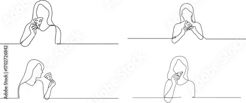 Set of Woman eating pizza one continuous line art, One line art, Vector illustration