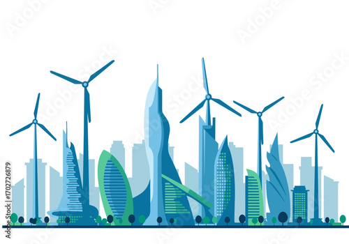 Futuristic Eco-Friendly Cityscape with Wind Turbines.