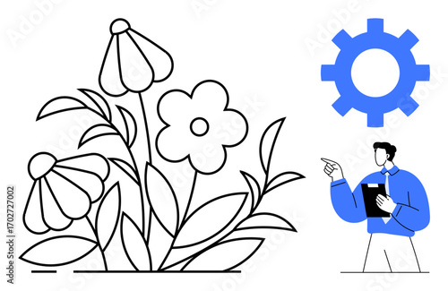 Flowers growing with detailed foliage beside a gear and man holding a notebook. Ideal for growth, innovation, process, sustainability, analysis, nature studies, teamwork flat simple metaphor
