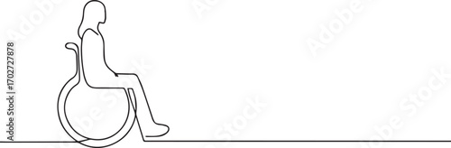 Woman on wheelchair one continuous line art, One line art, Vector illustration
