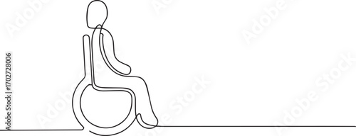 Woman on wheelchair one continuous line art, One line art, Vector illustration